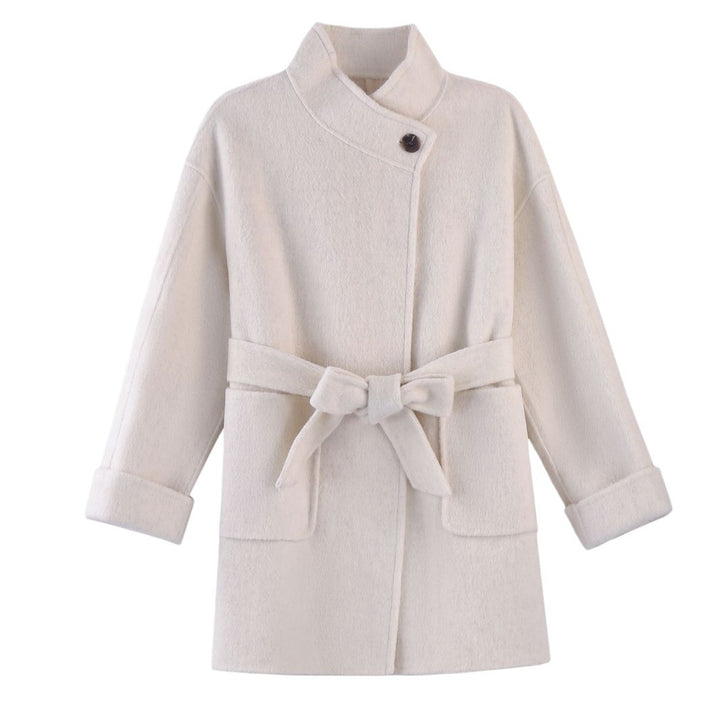 Damen Kurzer Wickel-Wollmantel mit hoher Knopfblende und aufgesetzten Taschen Drune