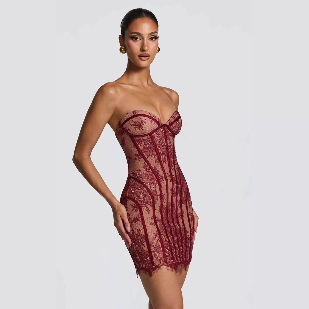 Damen Elegantes Korsettkleid mit Spitzenverzierung und transparenter Optik Drune