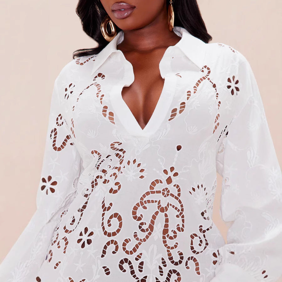 Damen Elegantes Hemdblusenkleid mit raffinierter Lochstickerei und langem Ärmel Drune