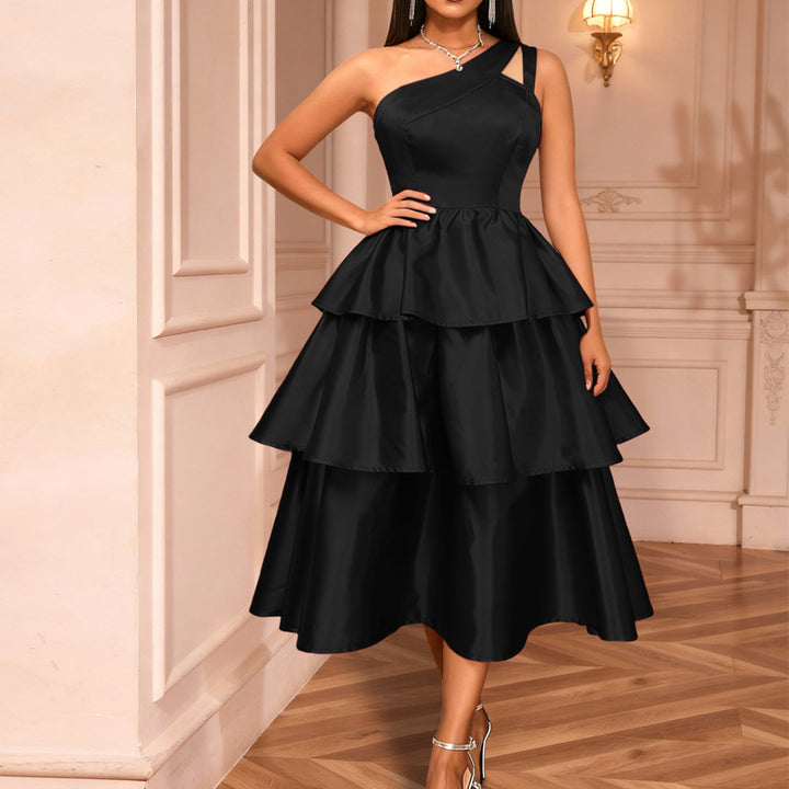 Damen Maxikleid mit asymmetrischem Träger und voluminösen Rüschen Drune