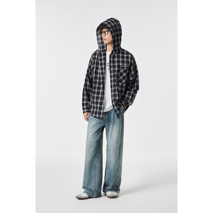Unisex Kapuzen‑Overshirt im karierten Flanell‑Look mit Brusttasche und Knopfleiste Drune