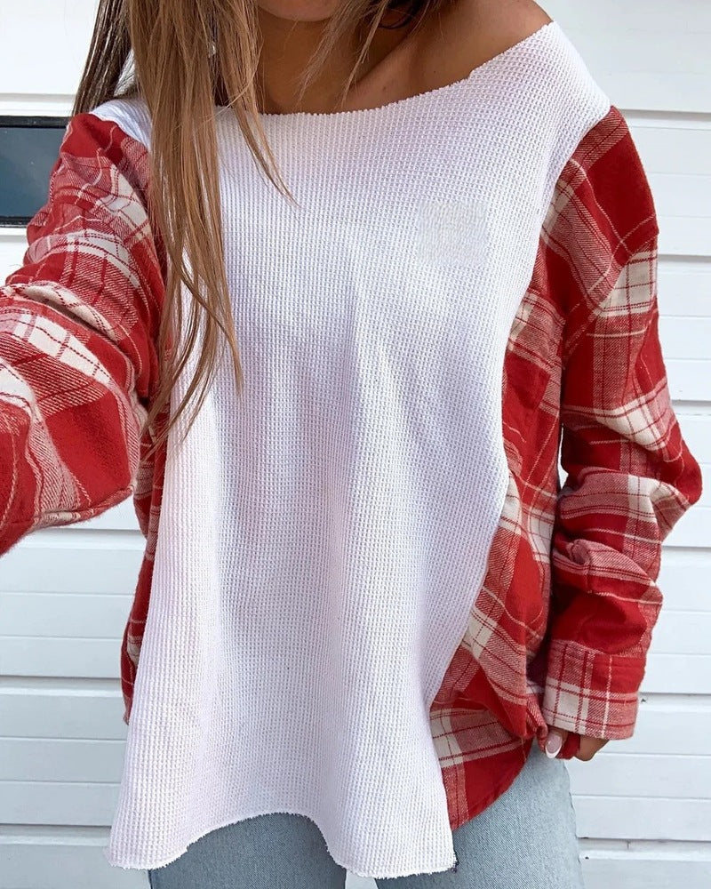 Damen nan Oversize Langarmshirt im Materialmix mit strukturierter Waffelstrick-Front und karierter Ärmelpartie Drune