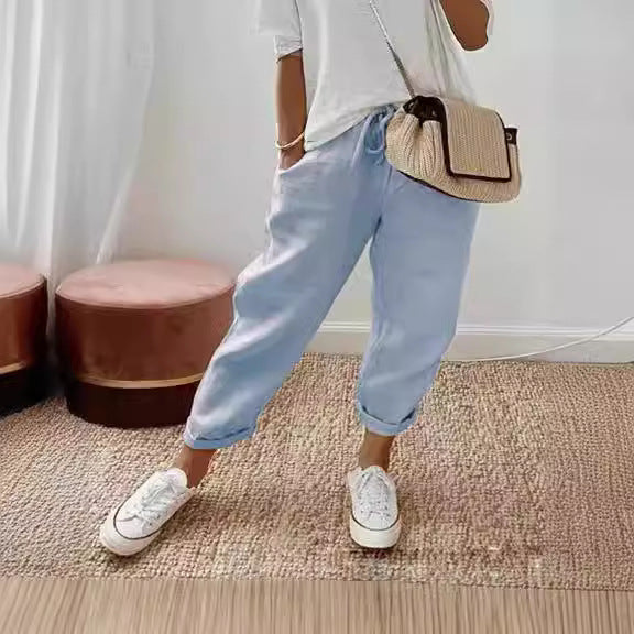 Damen lässige Leinenhose mit körpernaher Passform und praktischen Taschen Drune