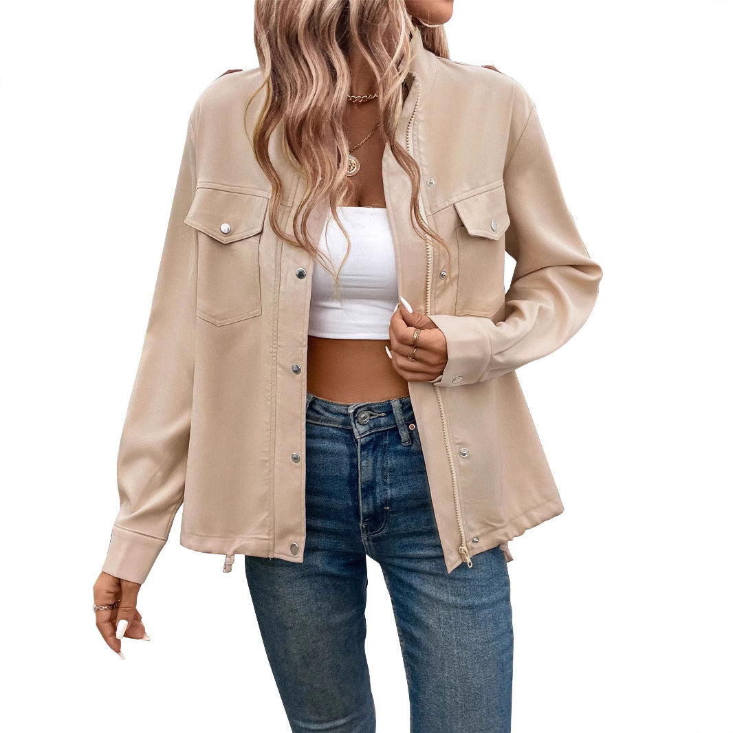 Damen Oversize Hemdjacke mit Druckknopf-Front, Brustklappen und Tunnelzugsaum Drune