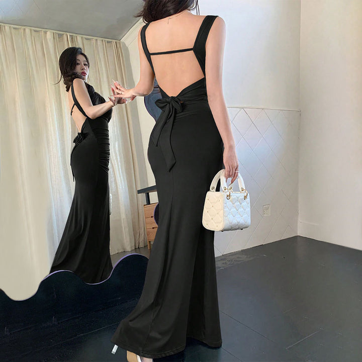 Damen elegantes Abendkleid mit raffinierten Rücken-Ausschnitten und dekorativem Bindebund Drune