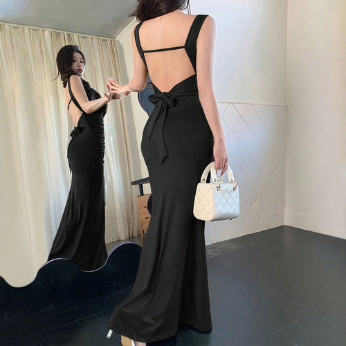 Damen elegantes Abendkleid mit raffinierten Rücken-Ausschnitten und dekorativem Bindebund Drune