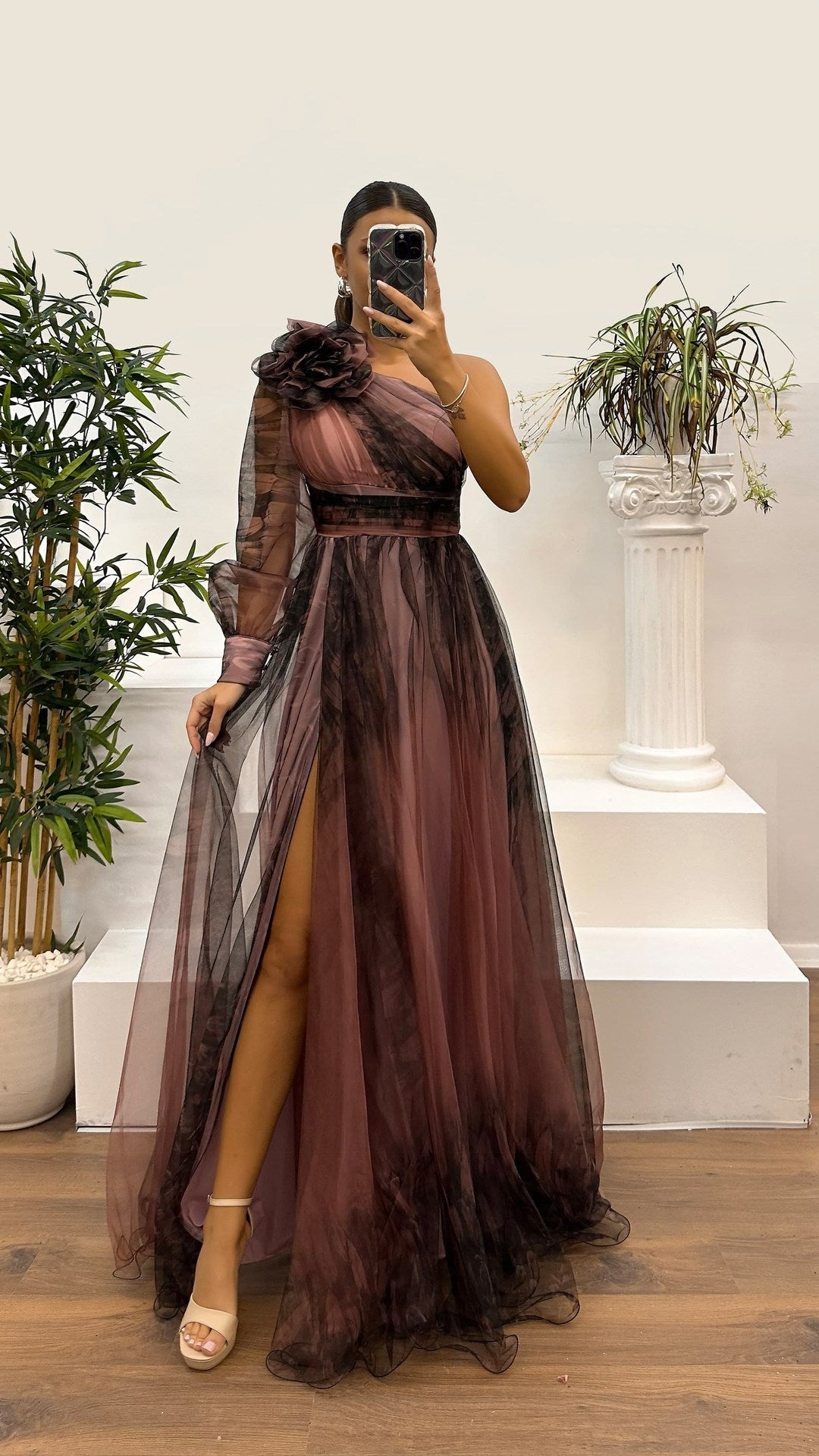 Drune | Frühling Herbst Schräg Schulter Mesh Blumenmuster Kleid Lässig Locker Festlich Kleid