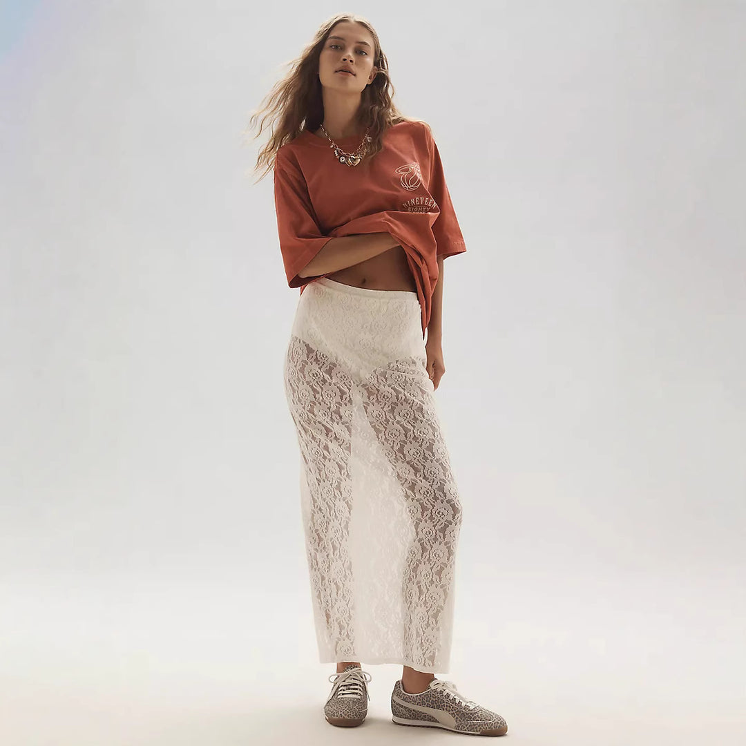 Damen Spitzenrock im langen, eleganten Design mit hohem Schlitz Drune