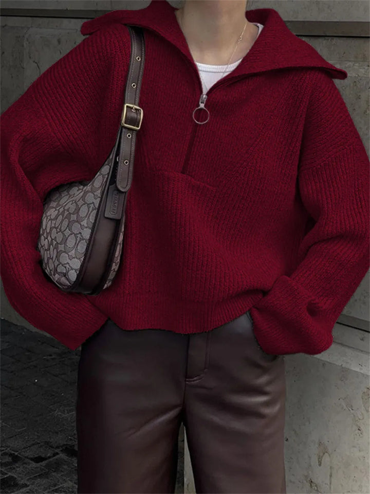 Damen modischer Strickpullover mit hohem Kragen und Reißverschluss Drune