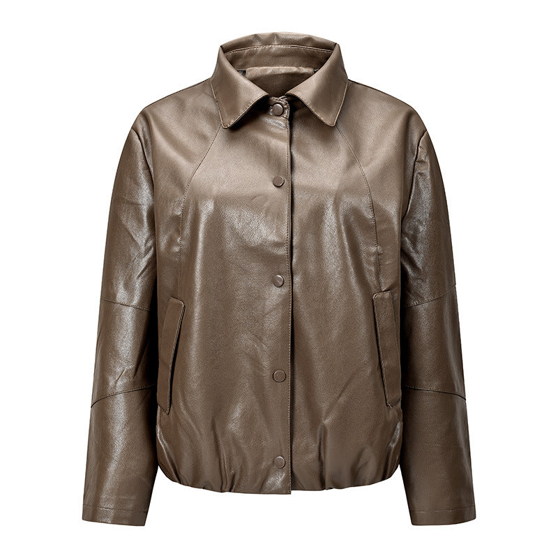 Damen Kurz geschnittene Kunstleder‑Blousonjacke mit Druckknopffront, Hemdkragen & elastischem Saum Drune