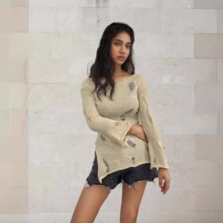 Damen modisches Oberteil mit strukturierten Cut-Outs und Ärmeln im Boller-Look Drune