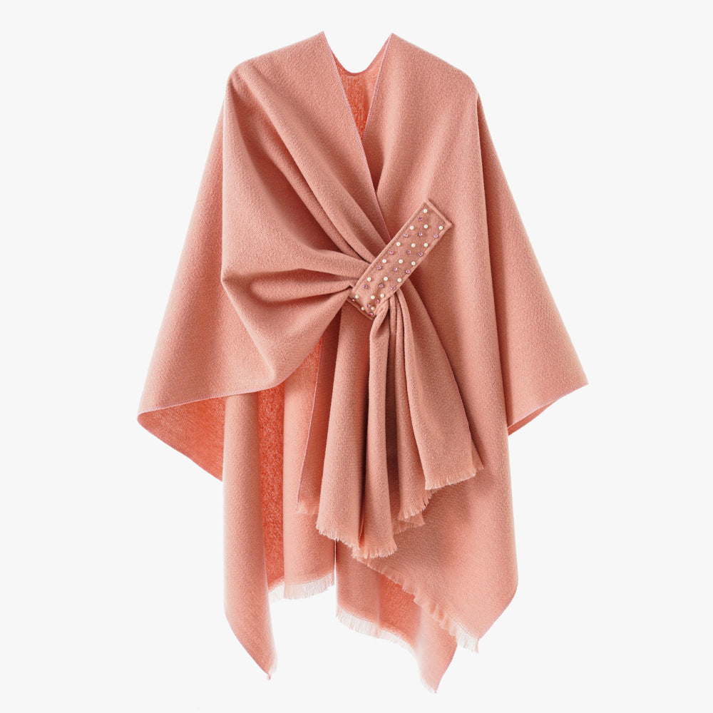Damen Eleganter Wickel-Umhang aus Wollmischung mit Taillenschärpe und Fransensaum Drune