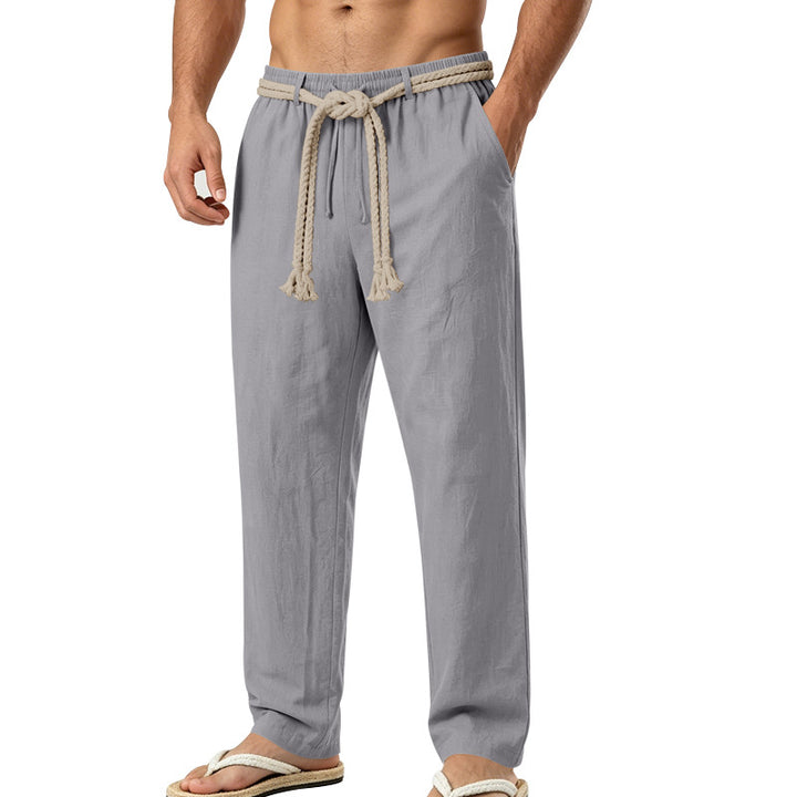 Herren lässige Leinen-Loungehose mit elastischem Bund, dekorativem Seilgürtel und Seitentaschen Drune
