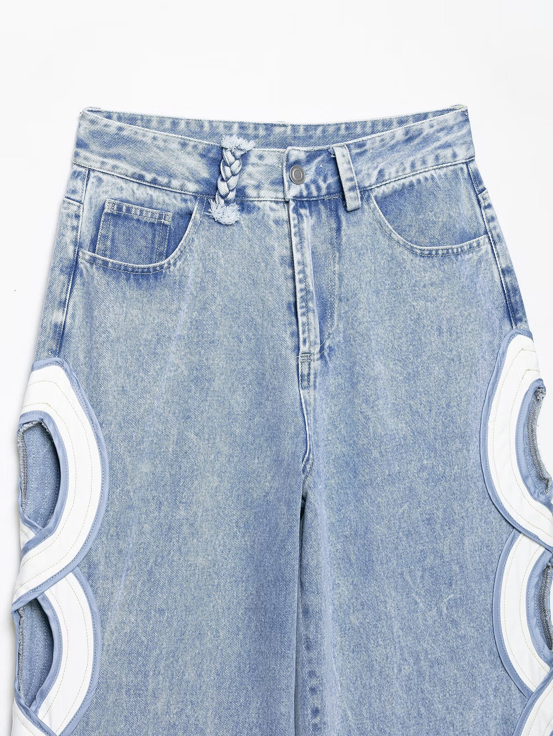 Damen High-Waist-Jeans mit ausgestellter Weitbein-Silhouette und seitlichen Kreis-Applikationen Drune