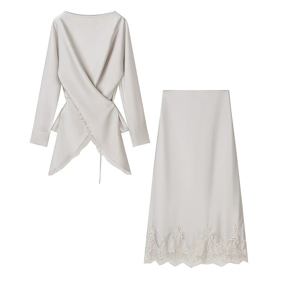Damen nan Wickelblusen‑ und Midirock‑Set mit Spitzenbesatz Drune