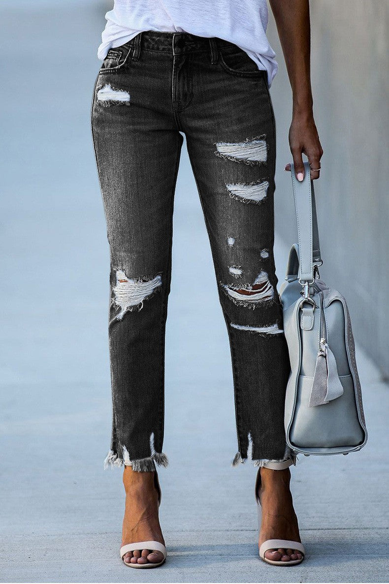Damen Ripped High-Waist Jeans mit fransigem Saum und modischen Destroyed-Details Drune