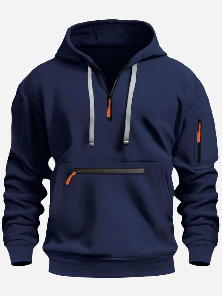 Herren Kapuzenpullover mit Halbzip, Kängurutasche und verdeckten Reißverschlüssen Drune