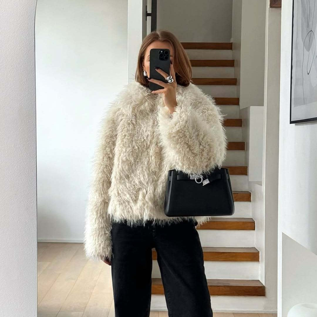 Damen Kurze shaggy Kunstpelzjacke mit Kapuze und hochfloriger Textur Drune