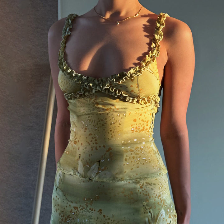 Damen elegantes Midi-Kleid mit Raffungen und floraler Spitze Drune