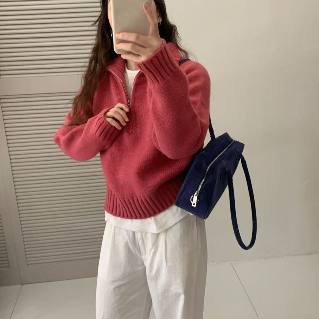 Damen Modischer Strickpullover mit hohem Kragen und Reißverschluss Drune