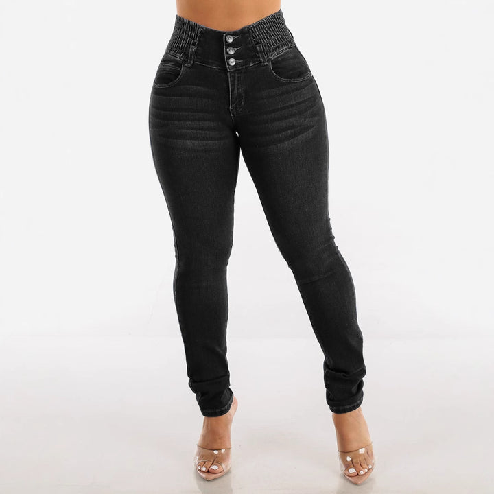 Damen Hochtaillierte Jeans mit elastischem Bund und Knopfdetails Drune