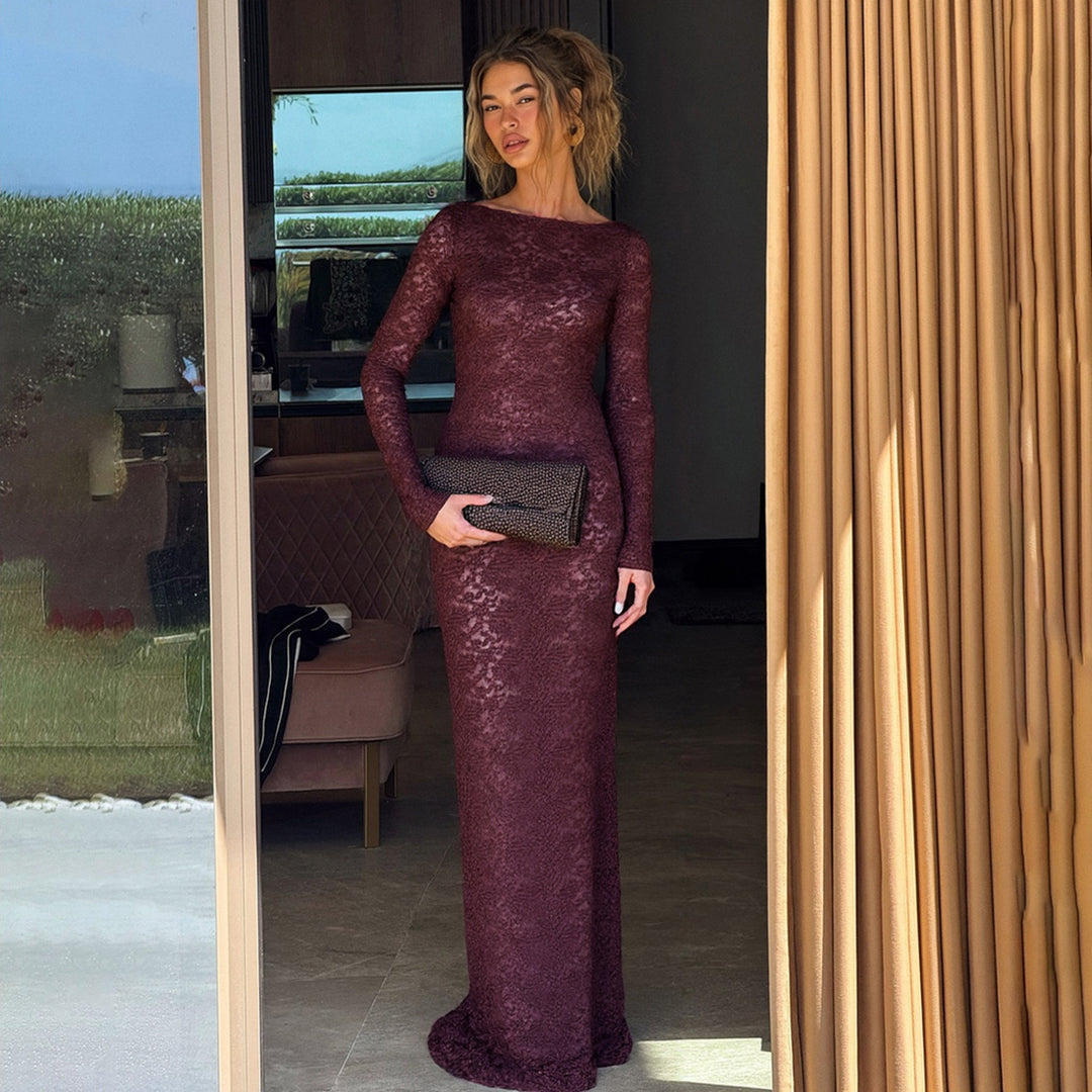 Damen Elegantes Spitzenmaxikleid mit langen Ärmeln Drune