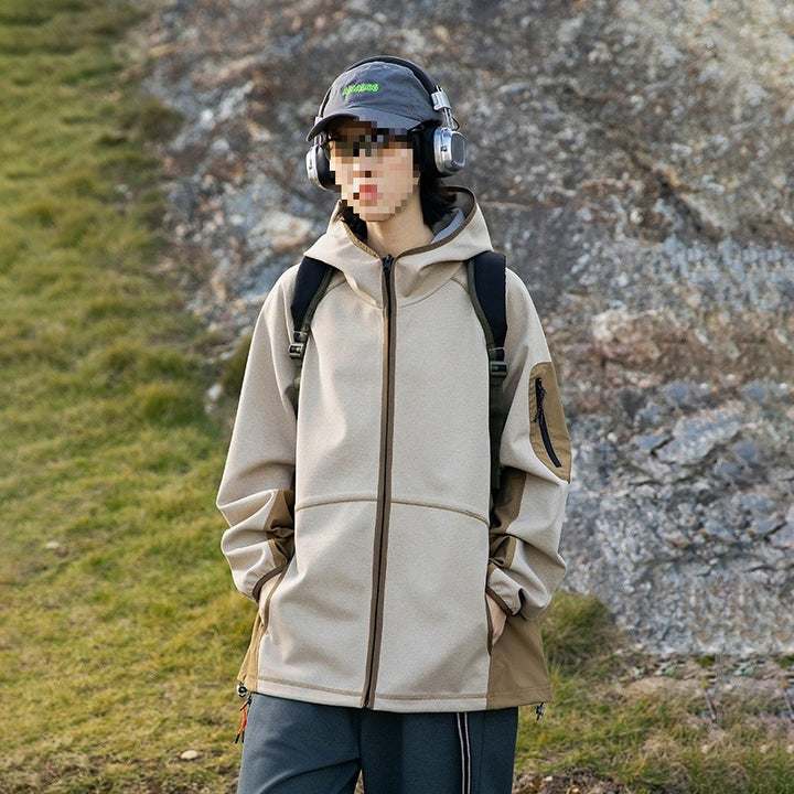 Herren Oversize Outdoor-Fleecejacke mit Kapuze, Ärmel-Reißverschlusstasche & Tunnelzug Drune