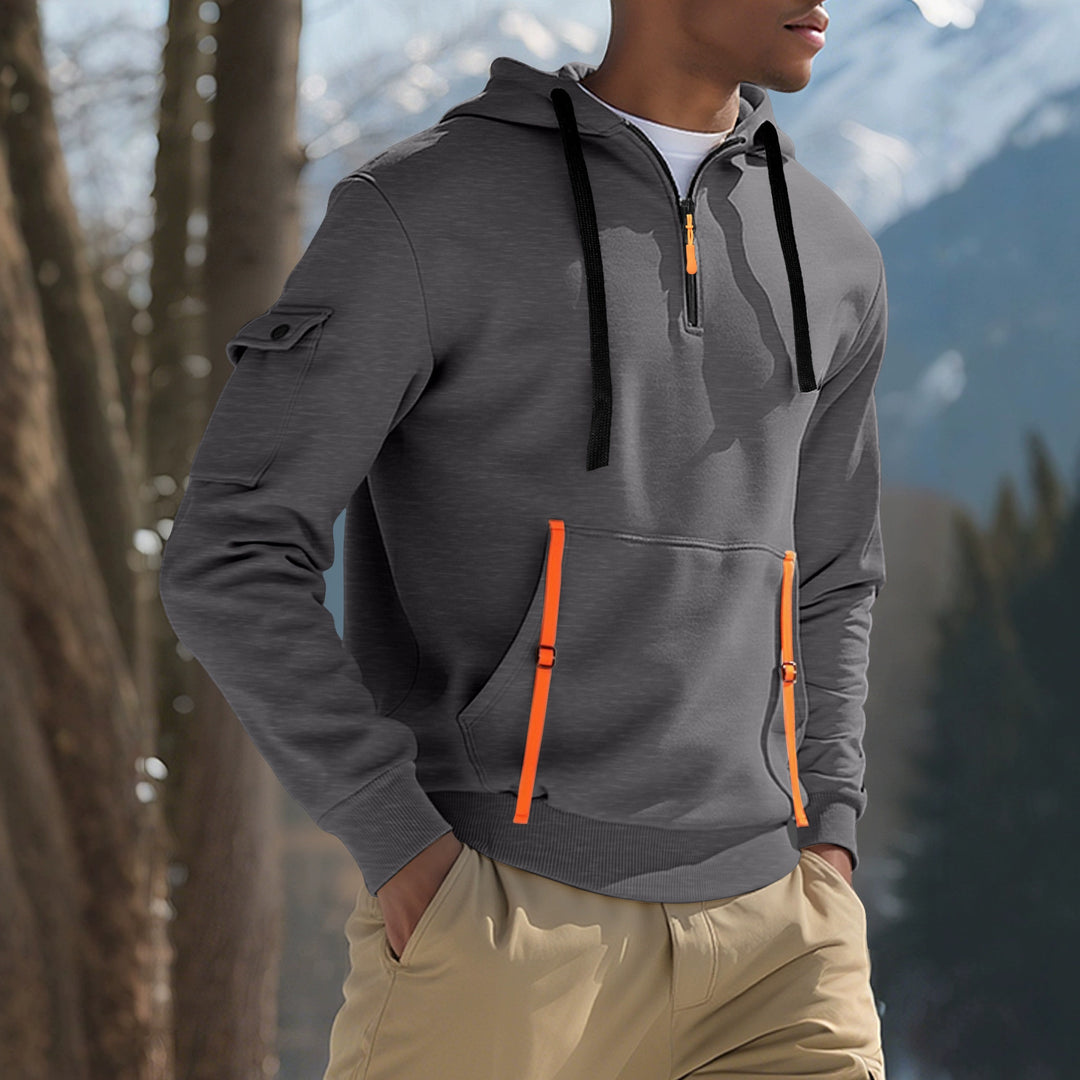 Herren nan urbaner Tech-Kapuzen-Halbzippullover mit Utility-Ärmeltasche, Kängurutasche und verstellbaren Zipper-Bändern Drune