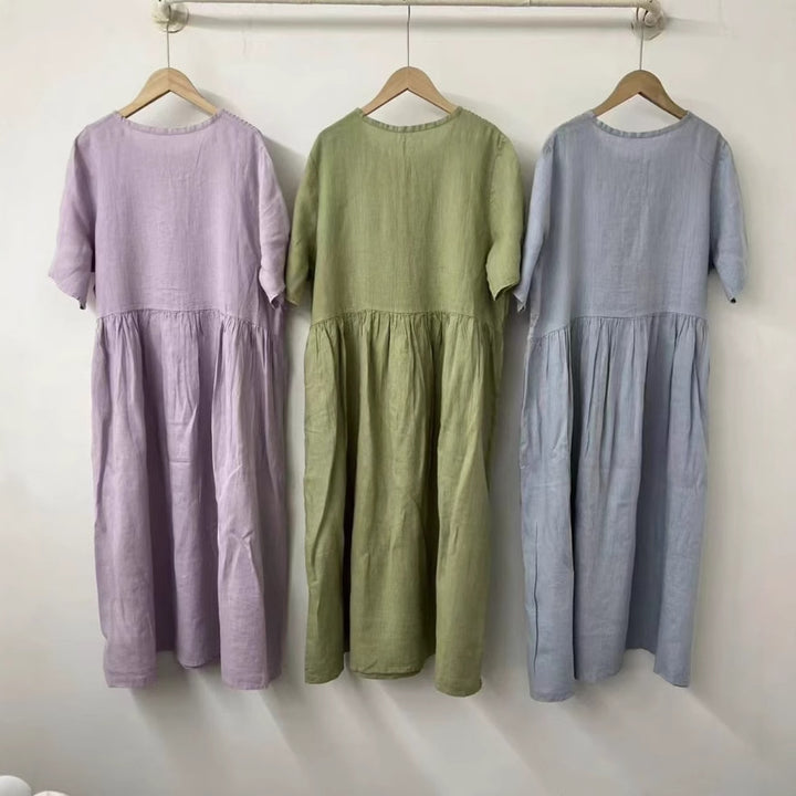 Damen Casual Knopf-Baumwollkleid Drune