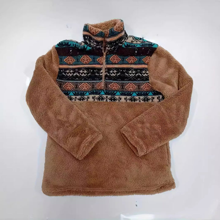 Damen Fleece-Pullover mit modischem Reißverschluss und buntem Muster Drune