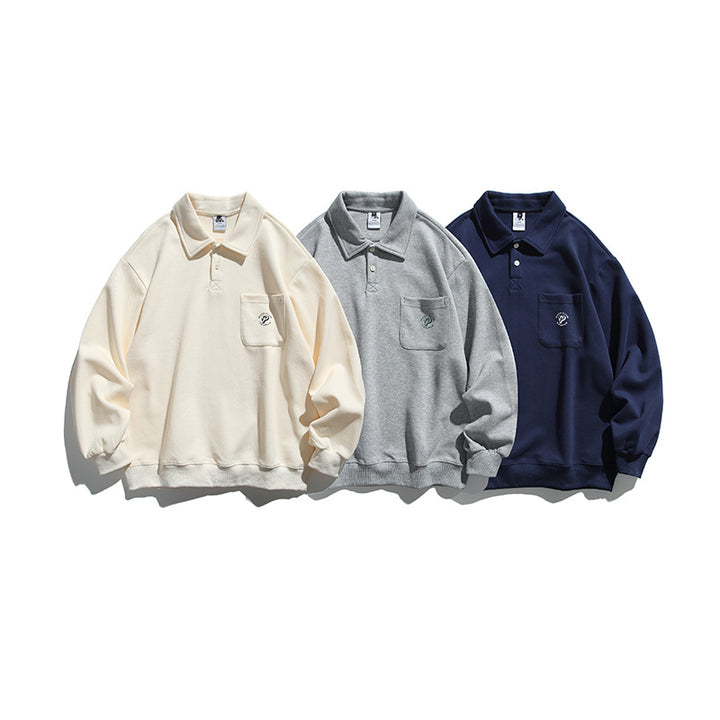 Unisex Oversize-Poloshirt-Sweatshirt mit Brusttasche und Rippsaum Drune