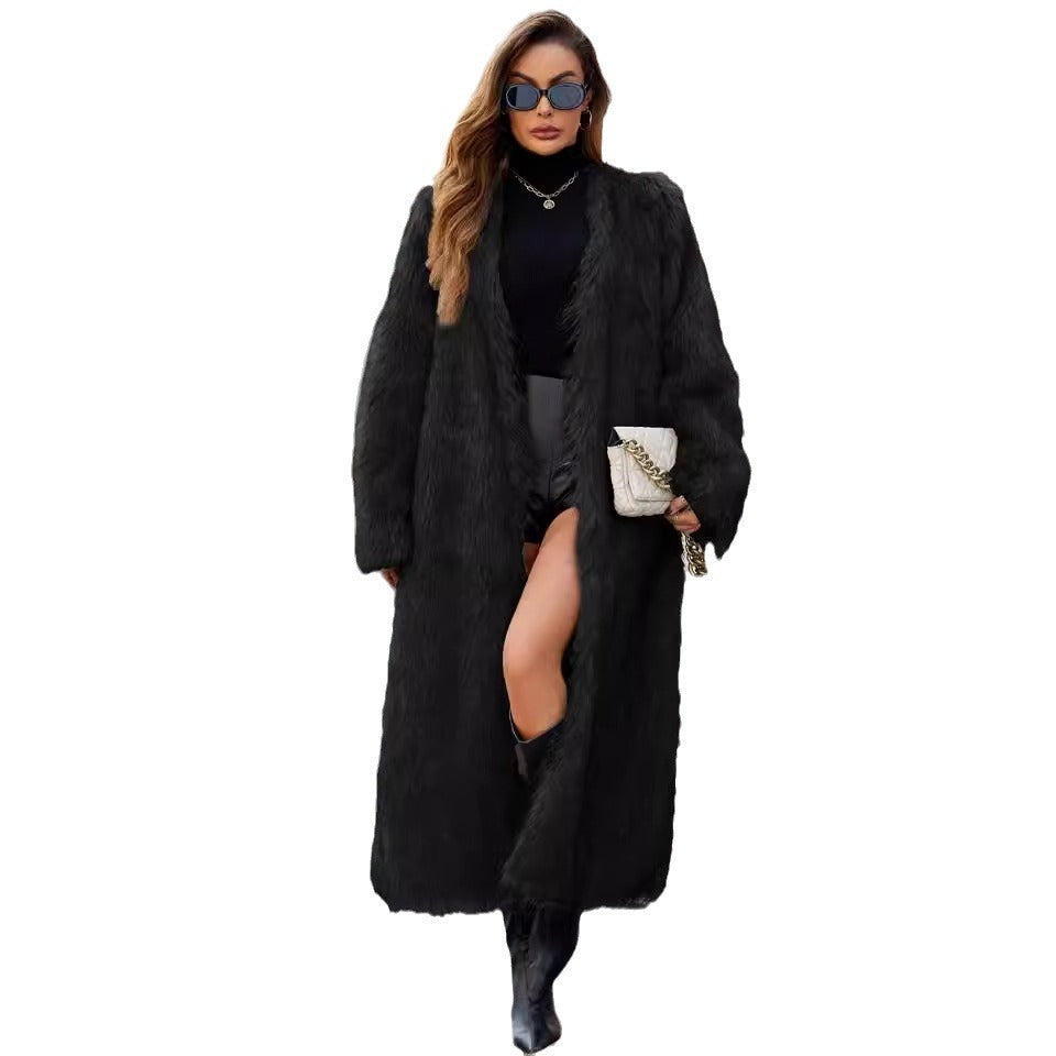 Damen Lange Kunstpelzjacke mit lässiger Passform und tiefem Kragen Drune