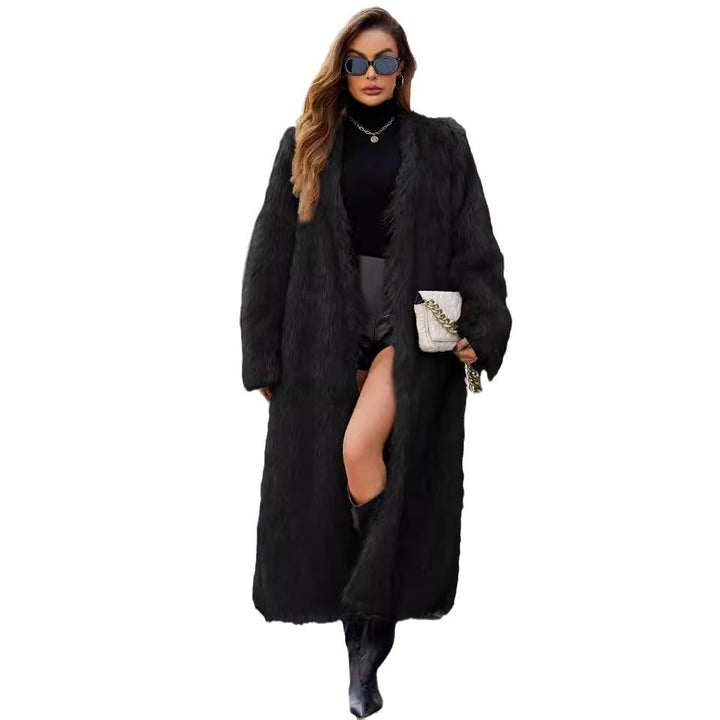 Damen Lange Kunstpelzjacke mit lässiger Passform und tiefem Kragen Drune