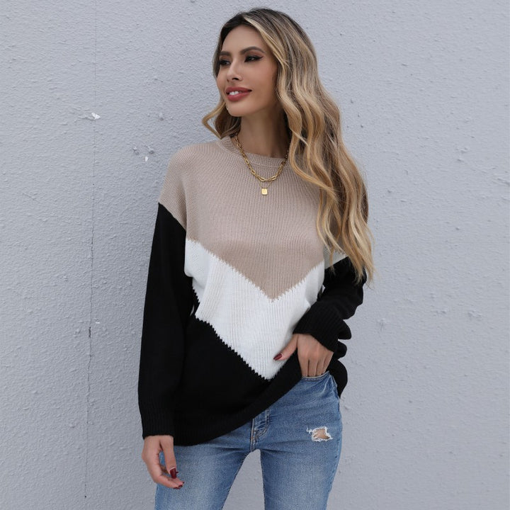 Damen Oversize-Feinstrickpullover mit Chevron-Colorblock und Rundhalsausschnitt Drune