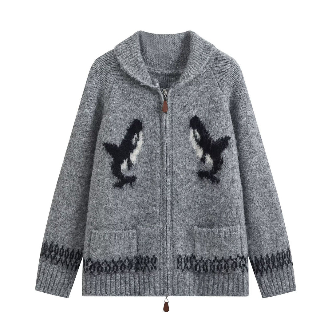 Damen Grobgestrickter Zip-Cardigan mit Schalkragen und Intarsia-Motiv Drune