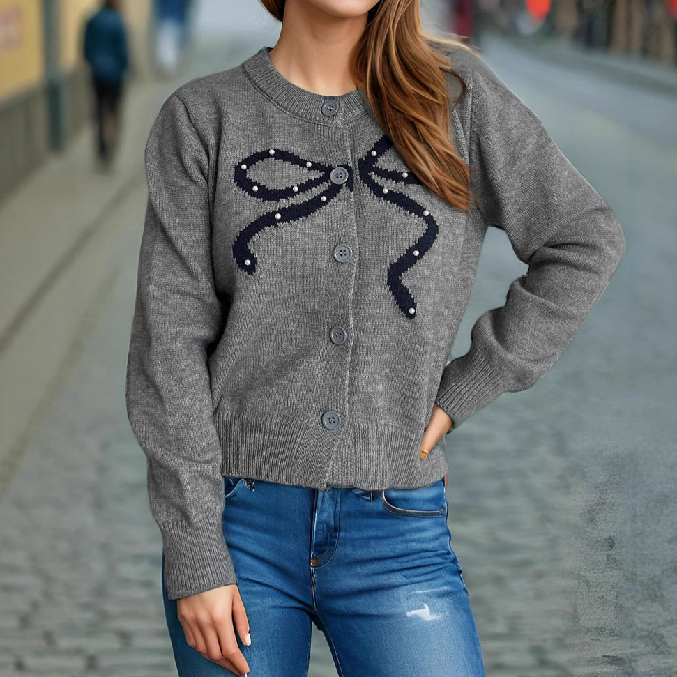 Damen kuschelige Strickjacke mit Schleifenmotiv Drune
