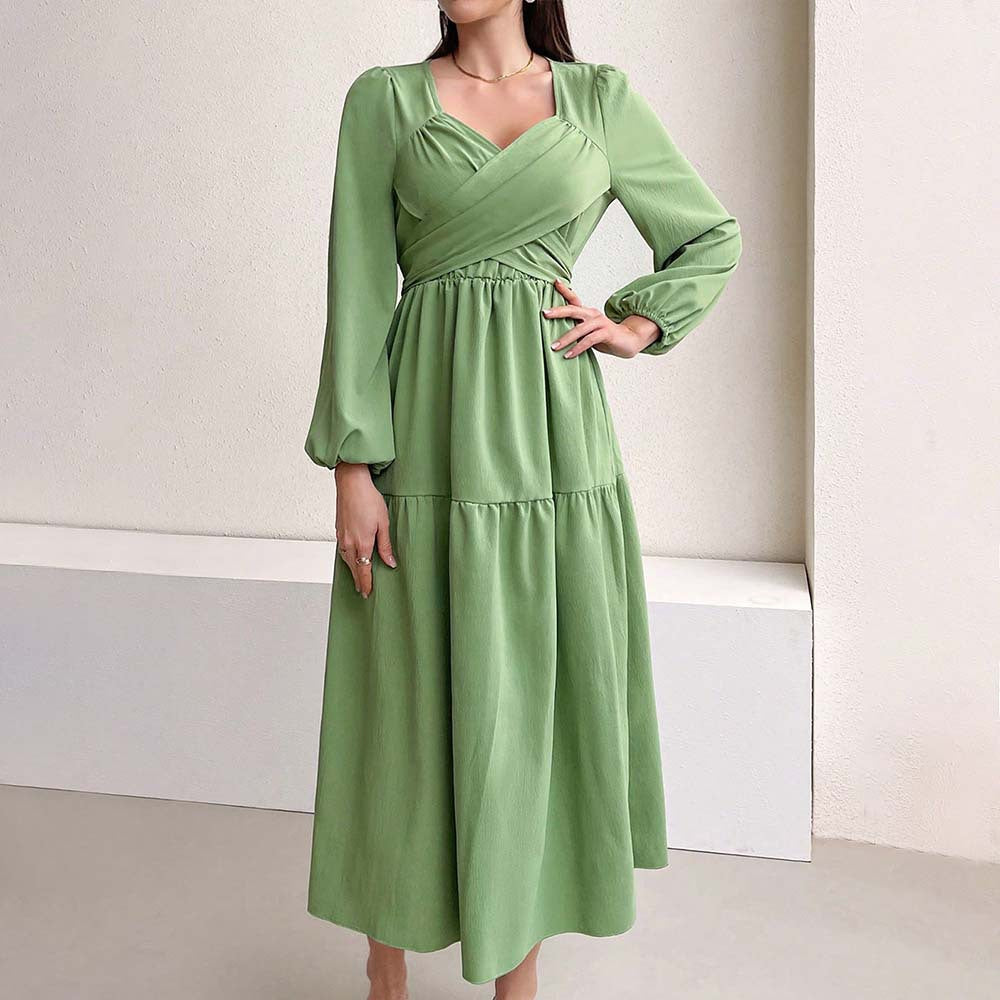 Damen langärmeliges Midikleid mit überkreuztem Drapé-Bustier, elastischer Unterbrustnaht und zweistufigem Stufenrock Drune