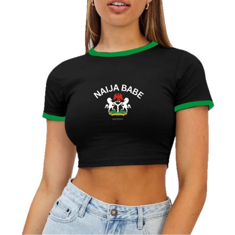 Damen Crop-Top mit kreativem Aufdruck und kontrastierenden Ärmelsäumen Drune