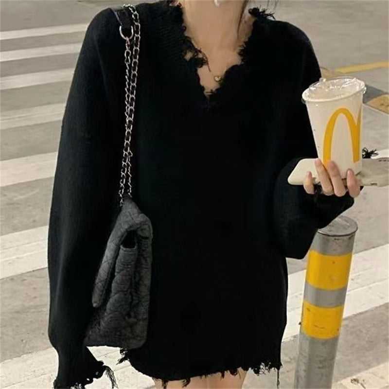 Damen lässiger Strickpullover mit fransigem V-Ausschnitt Drune