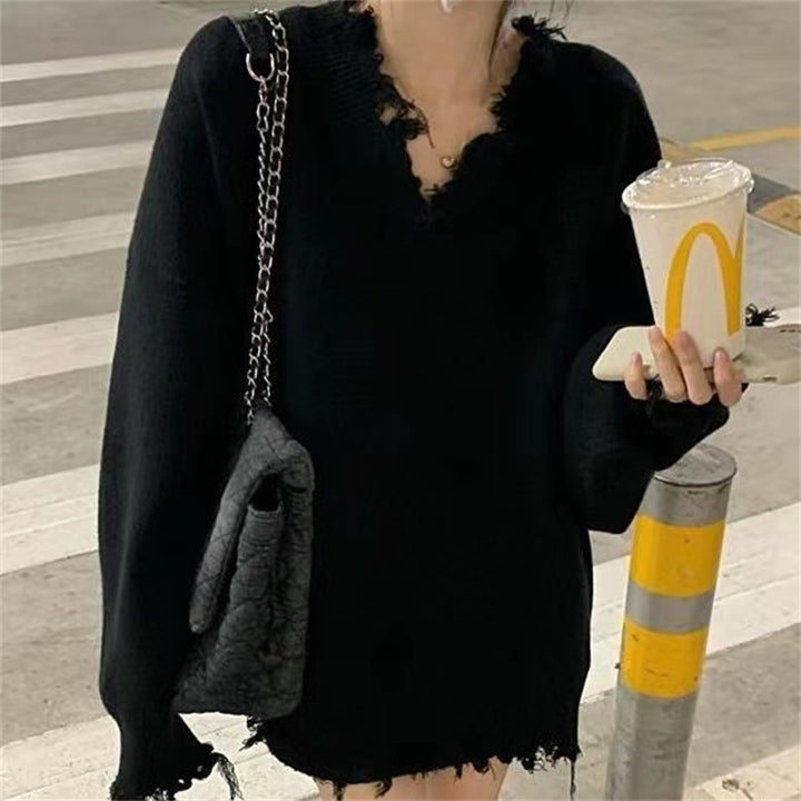 Damen lässiger Strickpullover mit fransigem V-Ausschnitt Drune