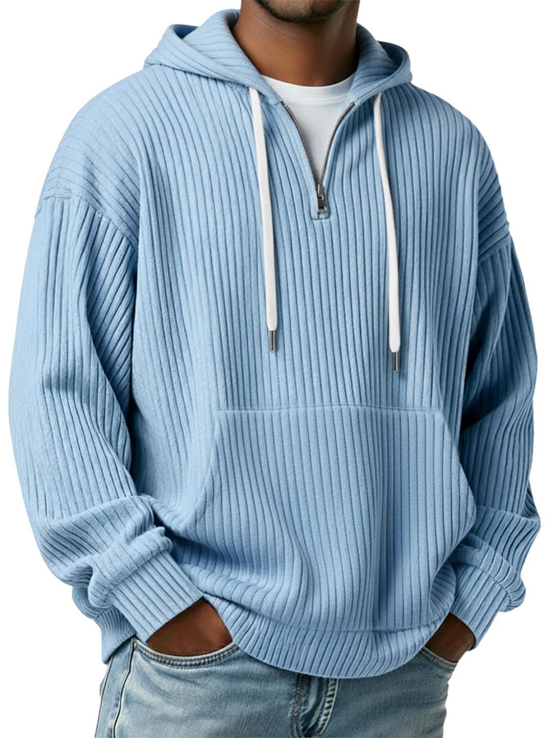 Herren gerippter Halfzip-Hoodie mit Kapuze, Kängurutasche und oversized Casual-Schnitt Drune