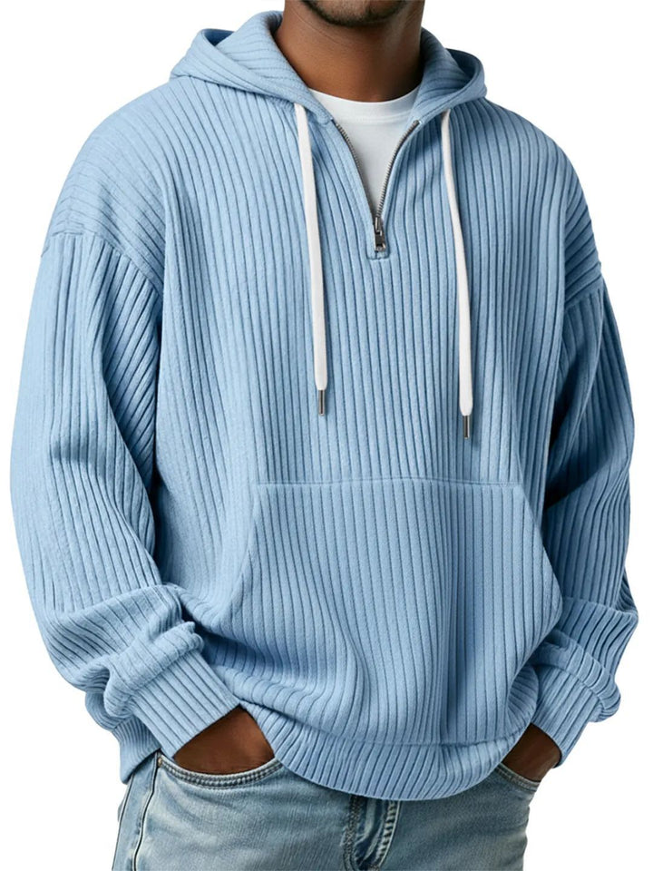Herren gerippter Halfzip-Hoodie mit Kapuze, Kängurutasche und oversized Casual-Schnitt Drune