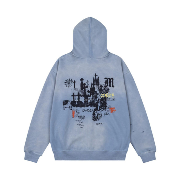 Unisex Oversize Kapuzenjacke mit Reißverschluss, Used‑Effekt, Vintage‑Print und Kängurutaschen Drune