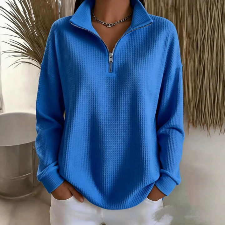 Damen Waffelstrick-Sweatshirt mit halbem Reißverschluss und Stehkragen Drune