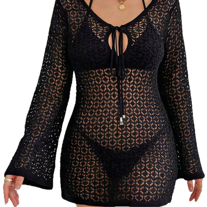 Damen Häkel-Strandkleid mit tiefem V-Ausschnitt und breiten Ärmeln Drune