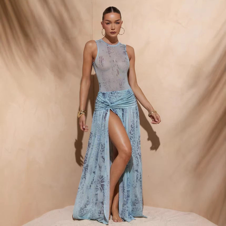 Damen Maxikleid mit raffinierten Drapierungen und hohem Schlitz Drune