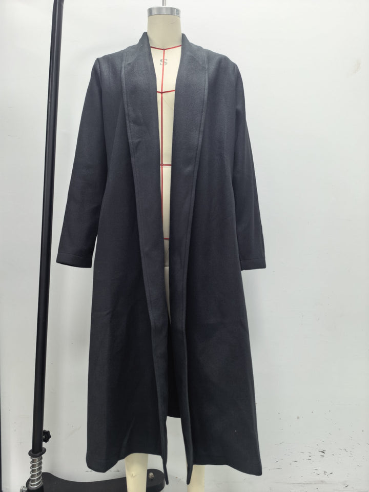 Damen eleganter langer Wollmix-Mantel mit offenem Fall und seitlichen Eingrifftaschen Drune