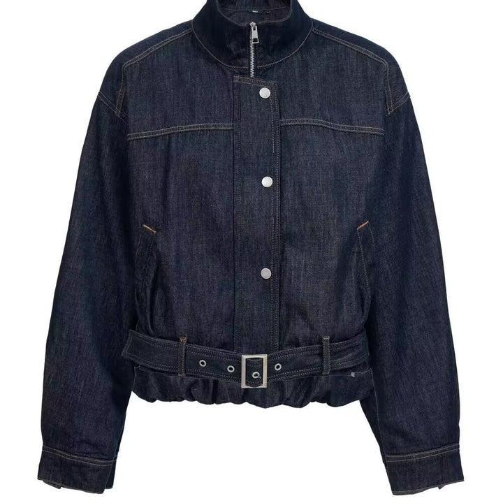Damen Cropped Jeansjacke mit Stehkragen, Taillengürtel und elastischem Saum Drune