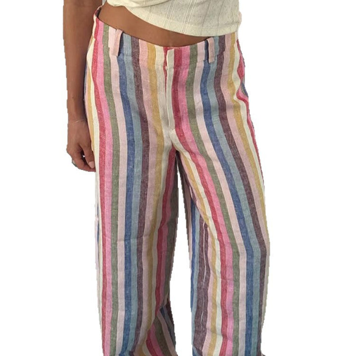 Damen Leinenhose mit weitem Bein, hohem Bund & buntem Streifenmuster Drune