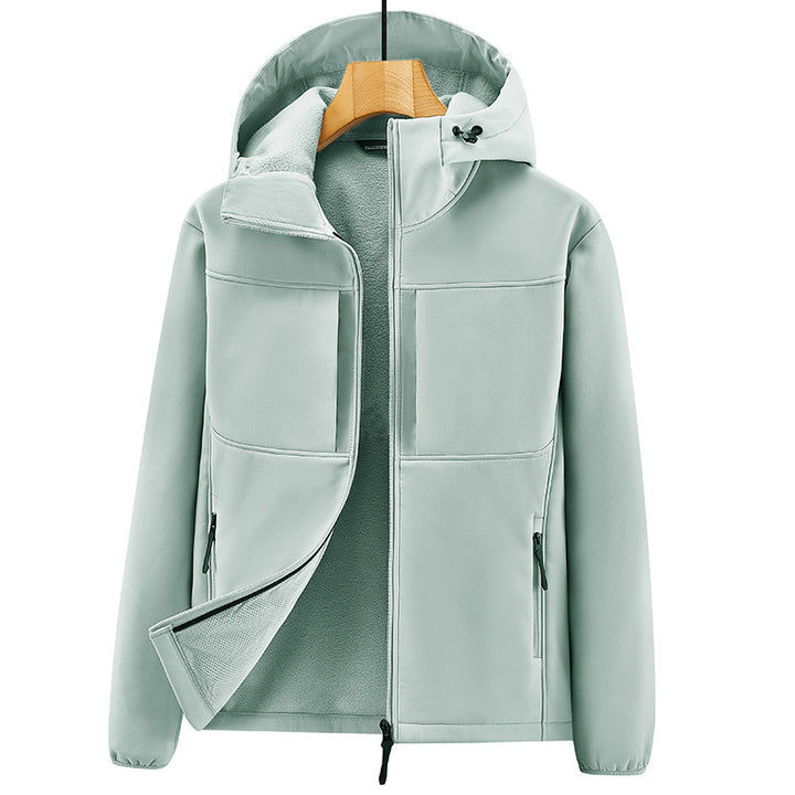 Herren Thermo-Softshelljacke mit Sherpa‑Futter, Kapuze und verdeckten Reißverschlusstaschen Drune